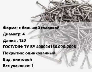 Гвоздь с большой головкой 4х120 ГОСТ: ТУ BY 400024166.006-2008 оцинкованный винтовой 1